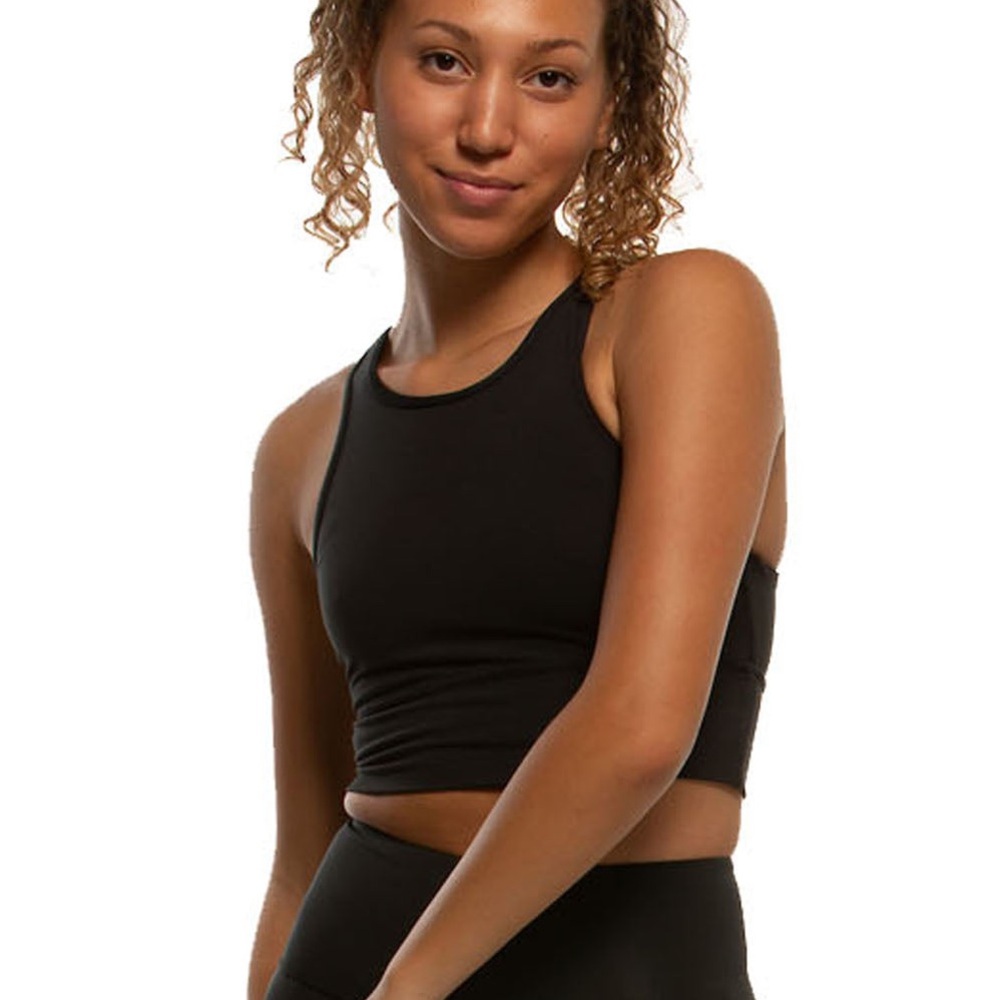 Jolyn Clothing “Rae” Black Sports Bra Key Hole Back long length high neck Sz S